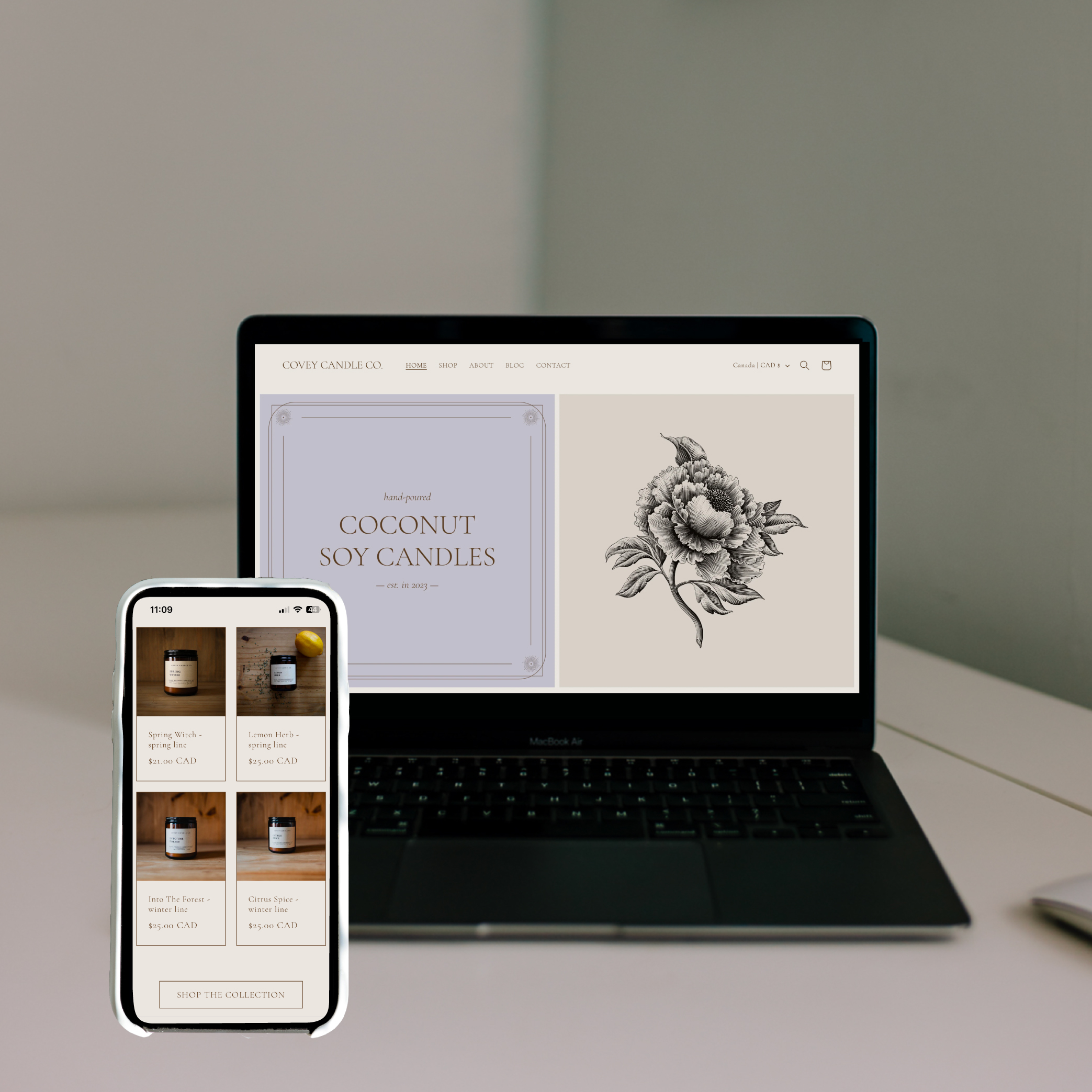 Shopify website design for Covey Candle Co. Brand and website design by CalmContent.